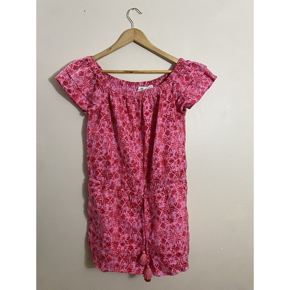 Vineyard Vines women's pink/red tile Otomi off the shoulder romper sz med - Picture 6 of 9